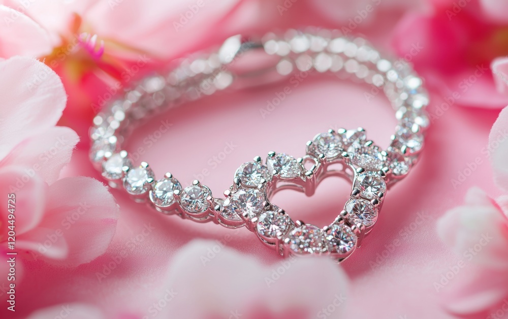 Obraz premium A silver heart-shaped bracelet with sparkling diamonds, placed on a soft light pink floral backdrop for valentines day