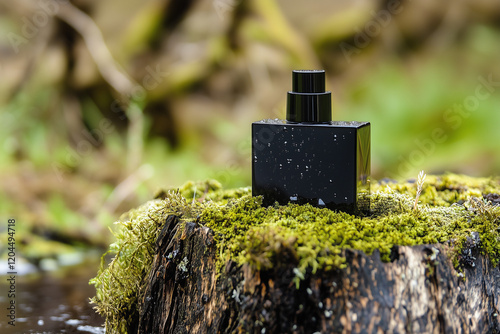 Obraz na płótnie Black perfume bottle with water drops on stand made of wood and moss. Natural perfumes, woody scents in men's perfume. w salonie