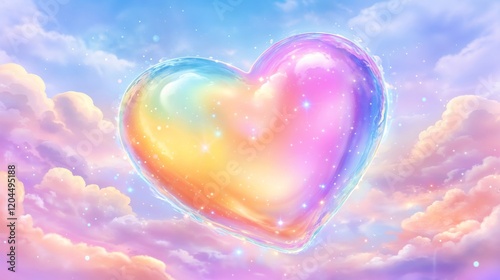 Rainbow-colored soap bubble heart surrounded by pastel clouds and blue sky. decor. dreamy background. magical effect for greeting cards.Love. Magic. Romance. Fantasy. Heart-shaped rainbow bubble in 

