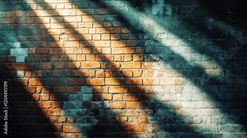 Sunbeams illuminating a weathered brick wall.