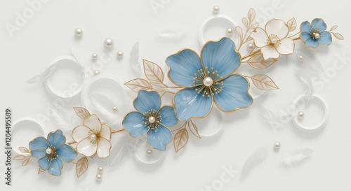 A delicate 3D illustration of blue and white flowers with translucent petals