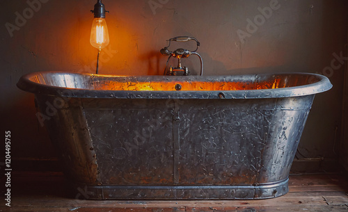 Large, old-fashioned bathtub with a light shining on it. The light gives the bathtub a warm, inviting glow