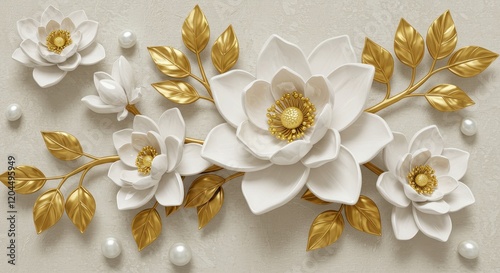 A detailed 3D floral artwork featuring large, white blooms and golden leaves