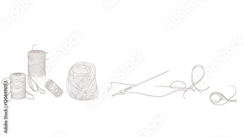 Sewing Kit Line Art Illustration: Spools, Yarn, Needle, Thread