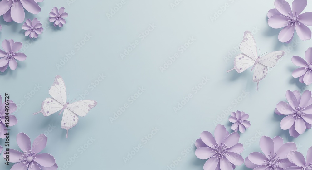 A delicate 3D illustration of light lavender and white butterflies flying among soft purple flowers A delicate 3D illustration of light lavender and white butterflies flying among soft purple flowers