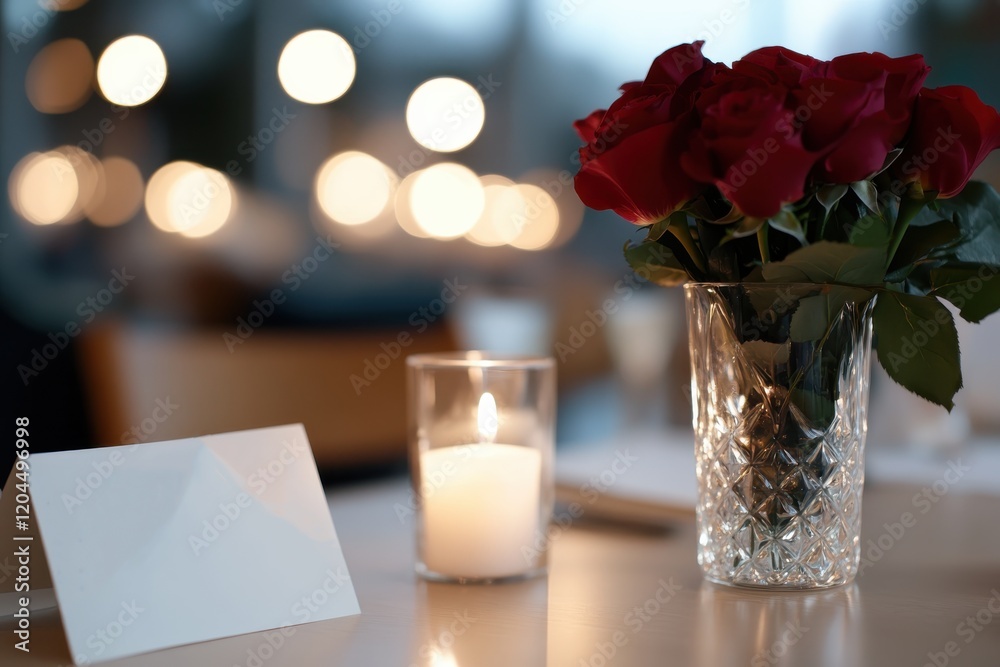A stunning arrangement of red roses beside a flickering candle and blank card creates a romantic ambiance, perfect for expressing heartfelt sentiments of love.