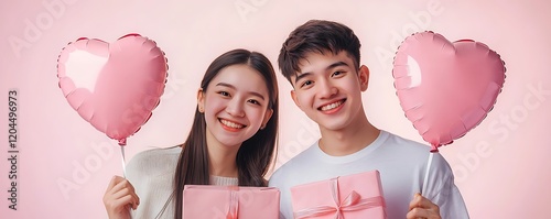 A young romantic couple giving surprise gifts on Valentine Day with pink heart-shaped balloons