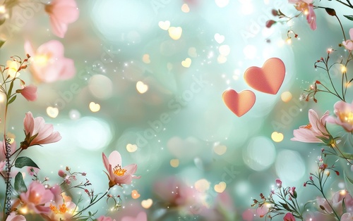 A soft pastel background with floating heart shapes, delicate spring flowers, and glowing fairy lights for Valentines Day and Womens Day