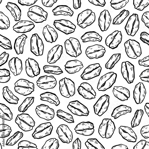 Oat flakes vector seamless pattern. Oatmeal grain seed sketch. Breakfast meal background. 