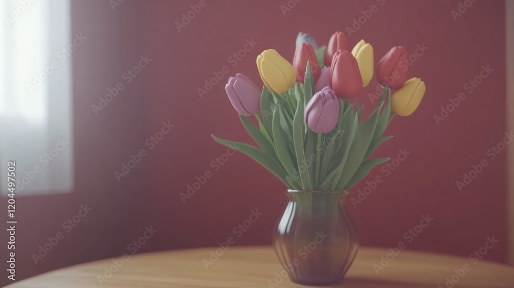 Obraz premium Vibrant Colorful Tulip Bouquet in Glass Vase
