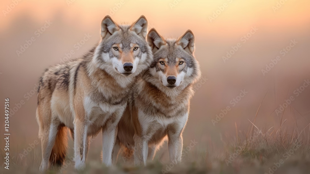 Obraz premium Two wolves at sunset in a field, wildlife photography for nature documentaries