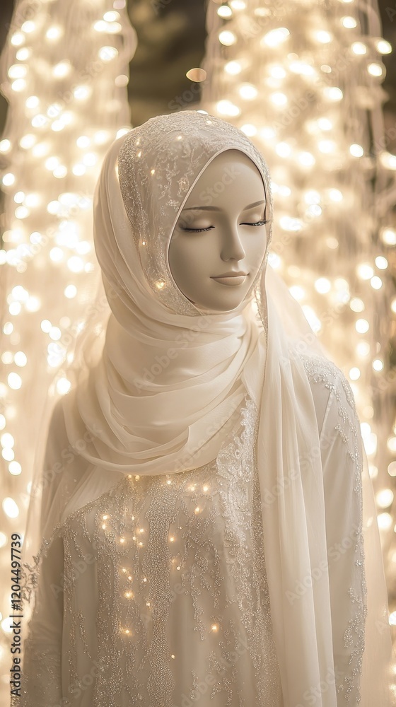 A woman in a gold dress with a veil is surrounded by a lot of lights. The lights are shining on her and creating a warm, glowing atmosphere. Muslim woman in hijab. Mannequin bride in wedding white fes A woman in a gold dress with a veil is surrounded by a lot of lights. The lights are shining on her and creating a warm, glowing atmosphere. Muslim woman in hijab. Mannequin bride in wedding white fes