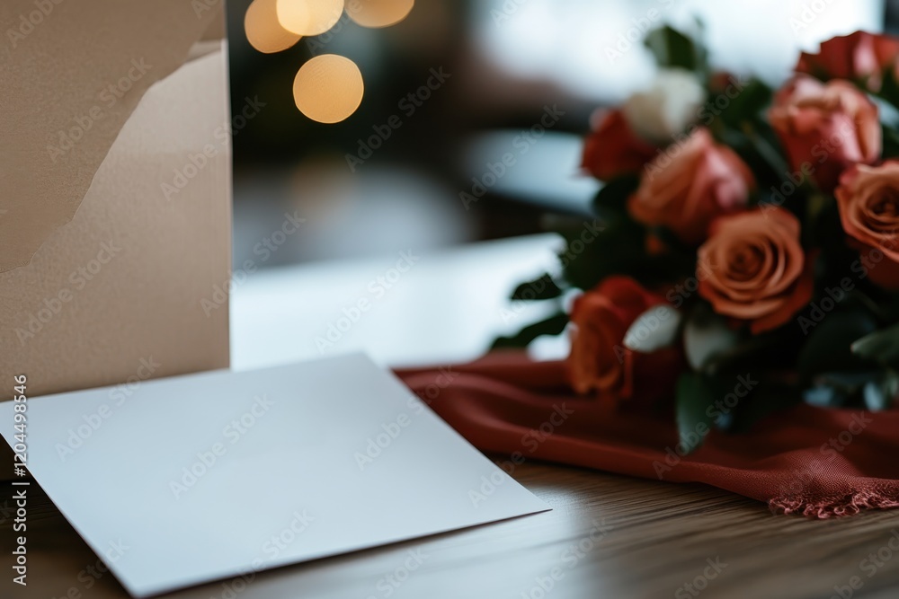 Obraz premium A blank card rests beside a vibrant bouquet of roses, evoking feelings of love and warmth, ideal for personal notes or heartfelt messages to loved ones.