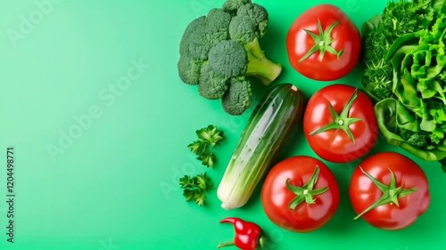 A vibrant collection of fresh produce is arranged on a green background. It includes peppers, tomatoes, greens, and broccoli, among others