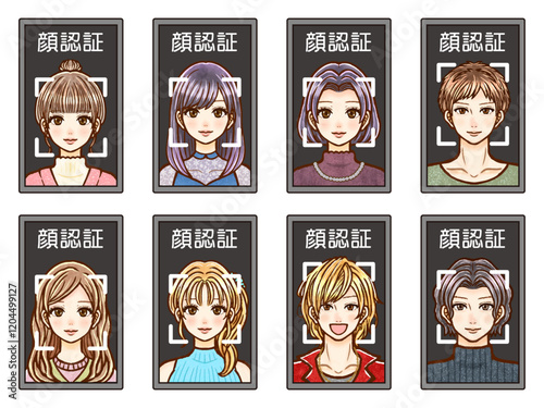 画面で顔認証する大人男性と女性のイラストセット