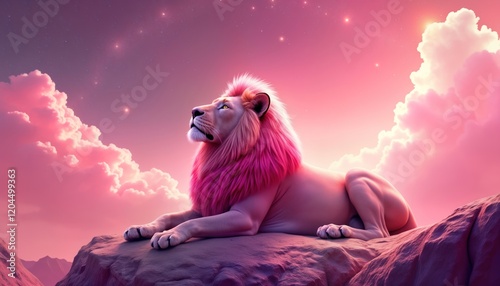 Pink-maned lion rests on rocky outcrop against pastel pink starry sky. Cosmic land setting evokes mystical feel. Astrological symbol for Leo zodiac sign. Suitable for posters, wallpapers banners.