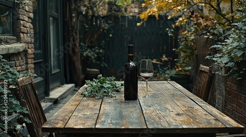 Wine bottle and glass on rustic table in autumn garden. photo