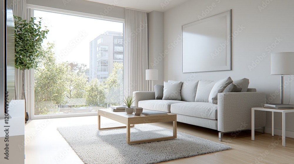 Fototapeta premium Modern minimalist living room with large window, sofa, coffee table, and rug.