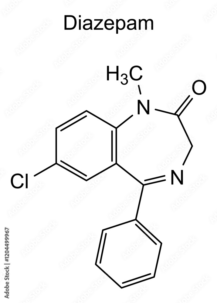 Chemical structure of diazepam, drug substance Chemical structure of diazepam, drug substance