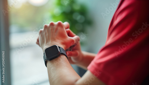 Person wearing wearable health tech device. Person checks health tracker. Modern health tech. Person uses tech to manage health. Holding nothing else. Person wearing red shirt. Indoors. Modern