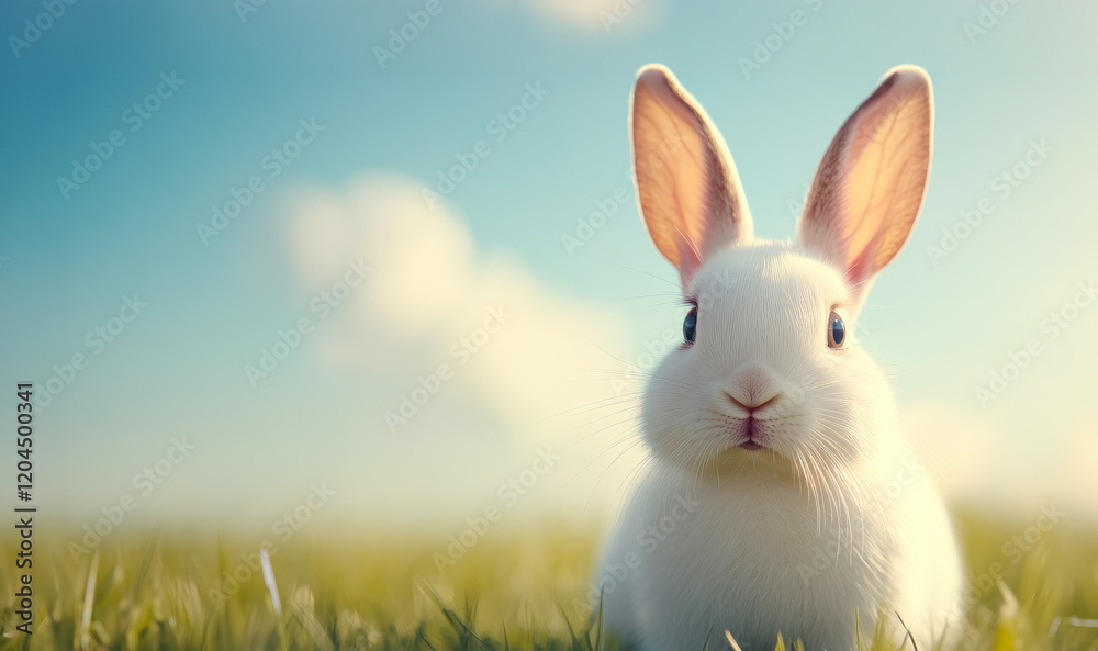 Easter Day - White Rabbit on Green Grass with Blue Sky Background, Copy space Easter Day - White Rabbit on Green Grass with Blue Sky Background, Copy space