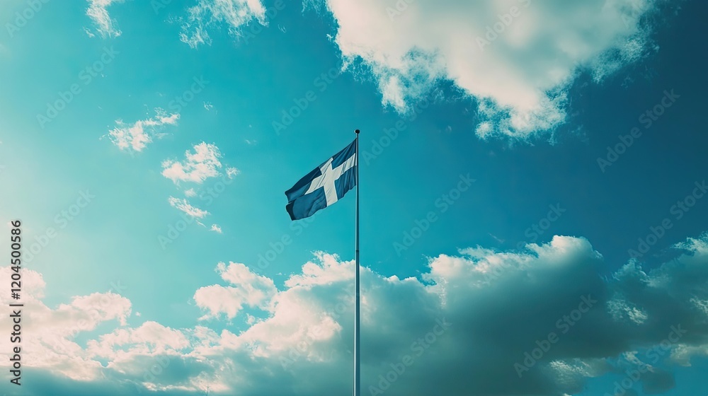 Finland flag standing tall under a bright sky, the colors vibrant against a backdrop of soft clouds Finland flag standing tall under a bright sky, the colors vibrant against a backdrop of soft clouds