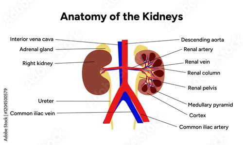Human anatomy of the kidneys function. Medical illustration