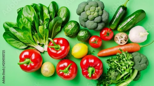 A vibrant collection of fresh produce is arranged on a green background. It includes peppers, tomatoes, greens, and broccoli, among others
