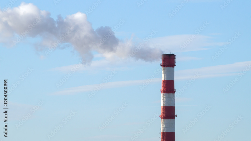 A factory chimney with red stripes smokes against the blue sky, polluting the environment. A factory chimney with red stripes smokes against the blue sky, polluting the environment.