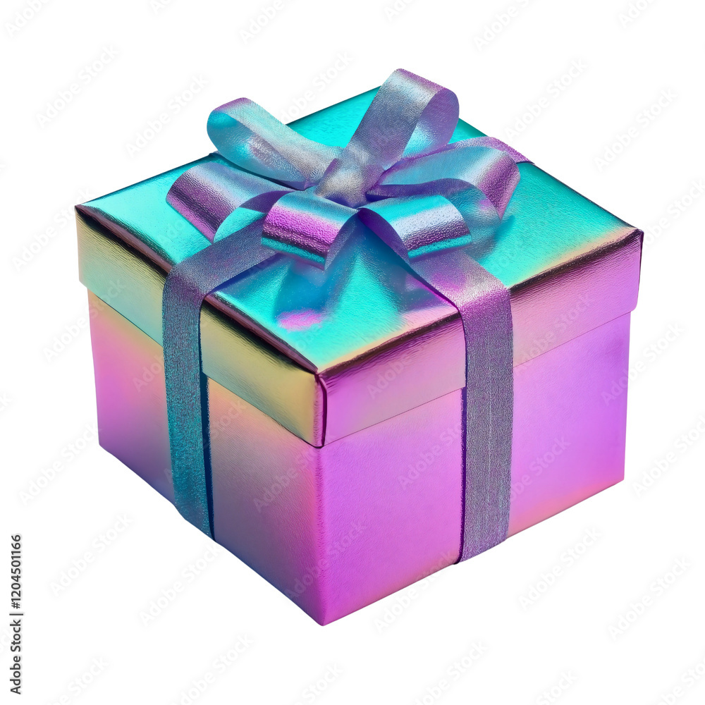 Obraz premium Holographic Gift Box with Ribbon and Confetti on Transparent Background isolated
