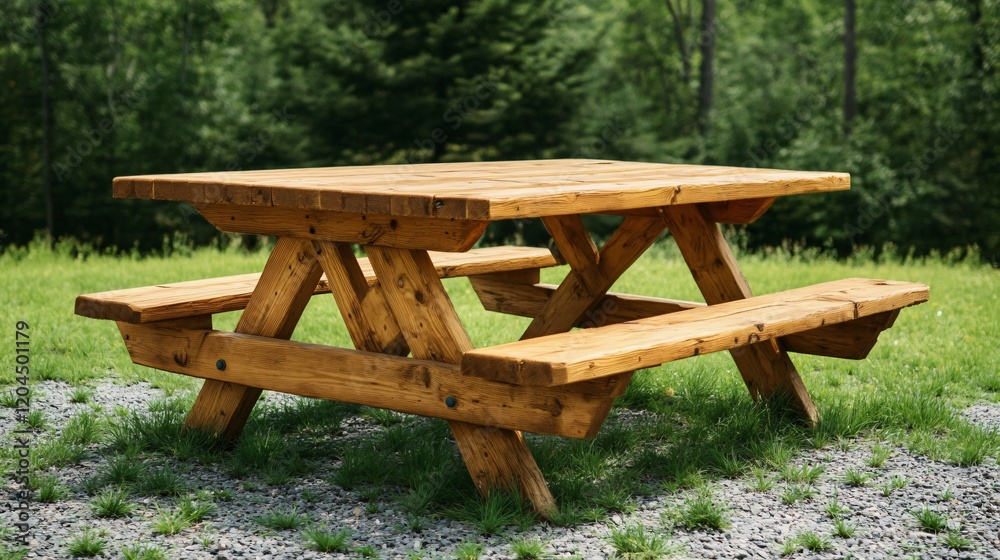 Rustic Wooden Picnic Table in Green Nature Setting Rustic Wooden Picnic Table in Green Nature Setting