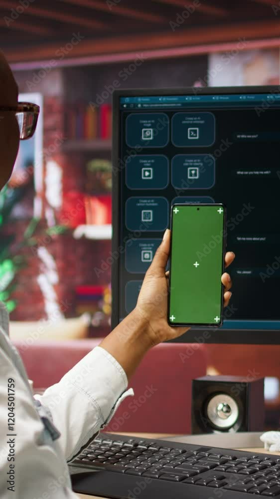 Vertical video Woman seated at desk using AI LLM chatbot software and green screen phone in modern urban home office. Person uses large language model program on computer and mockup smartphone in