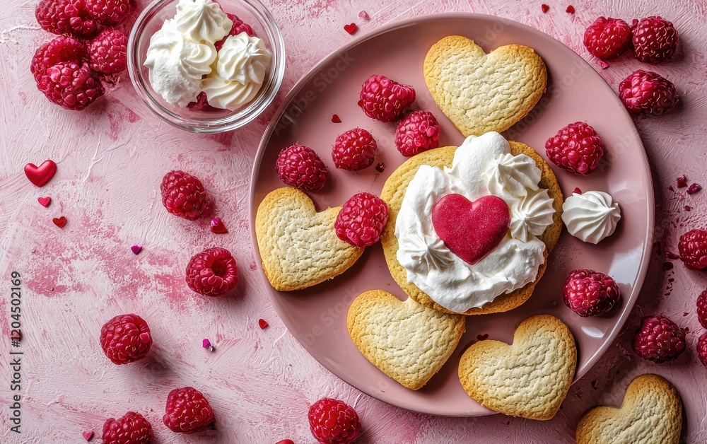 A Valentine themed dessert setup with heart shaped cookies, fresh raspberries, and whipped cream on a pink backdrop A Valentine themed dessert setup with heart shaped cookies, fresh raspberries, and whipped cream on a pink backdrop