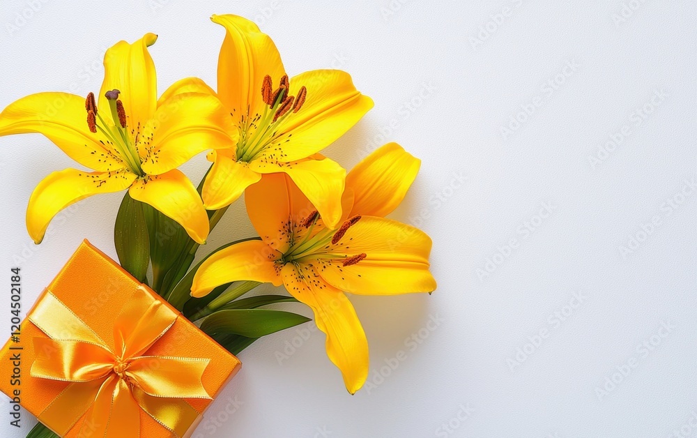 Obraz premium A vibrant bouquet of yellow lilies and a bright orange gift box tied with a satin ribbon, placed on a clean white background for Valentines Day and 8 March