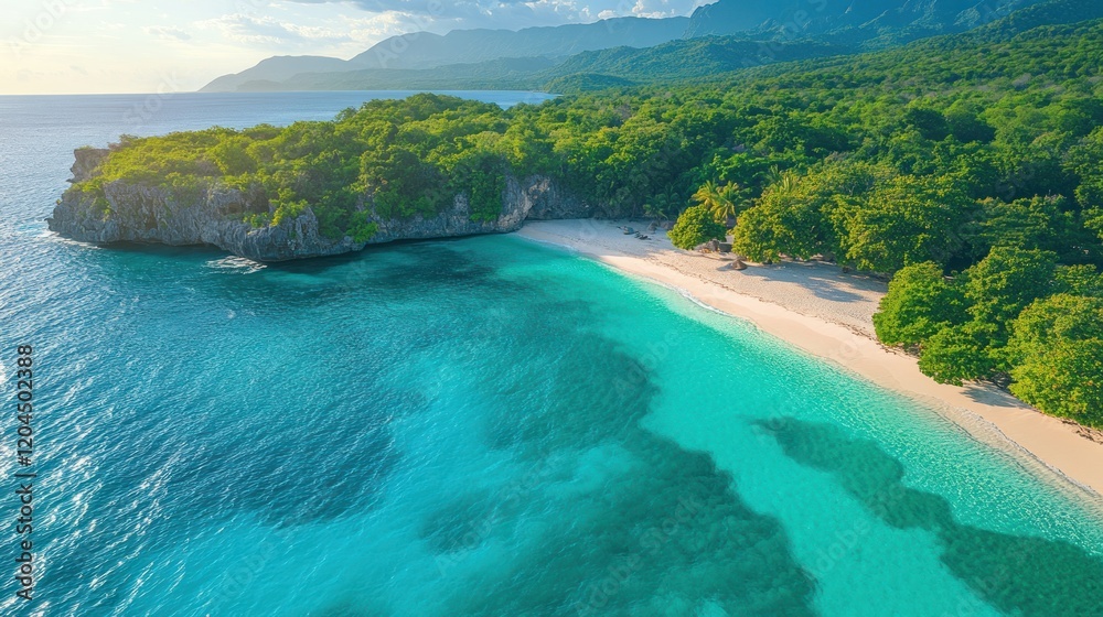 Fototapeta premium Serene Tropical Beach with Crystal Clear Waters and Lush Greenery Under a Bright Sky