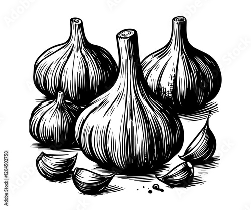 garlic bulb with cloves and spices vector illustration in engraving style