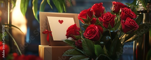 gift box, red roses, and greeting card for a romantic Valentinea??s gift setup photo