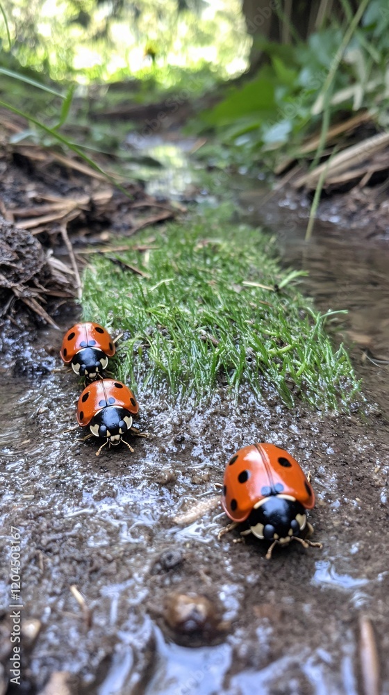 Three Ladybugs Walking by Stream Nature Photography Three Ladybugs Walking by Stream Nature Photography