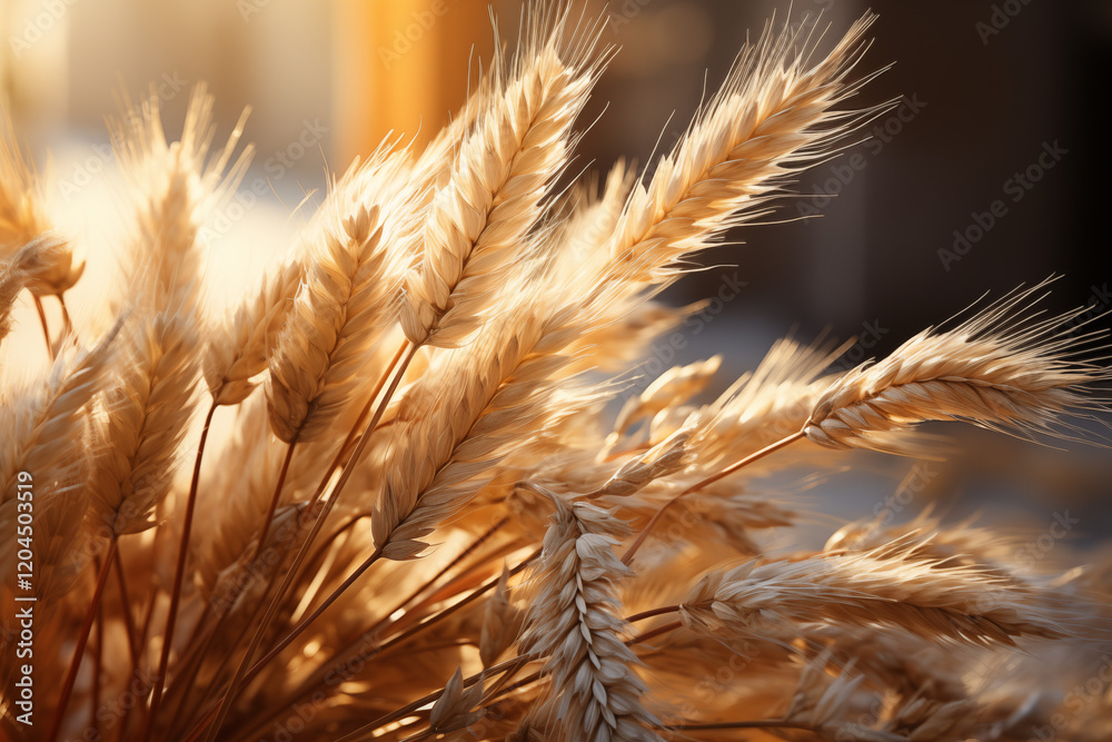 A clean and abstract view of blades of wheat, glistening softly in early morning sunlight