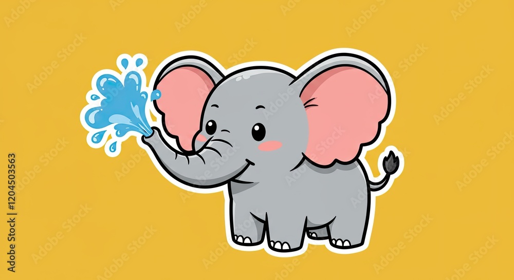 A fun sticker showing a little chubby elephant with oversized ears, joyfully spraying water from its trunk.
A fun sticker showing a little chubby elephant with oversized ears, joyfully spraying water from its trunk.