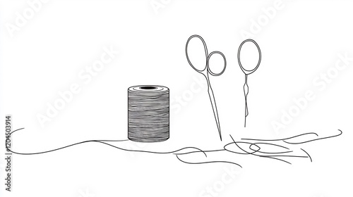 Elegant Line Art Illustration of Sewing Kit: Thread Spool, Scissors, and Intricate Thread Detail