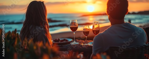 Couple enjoying a romantic sunset dinner by the beach, perfect for a Valentine's Day celebration
