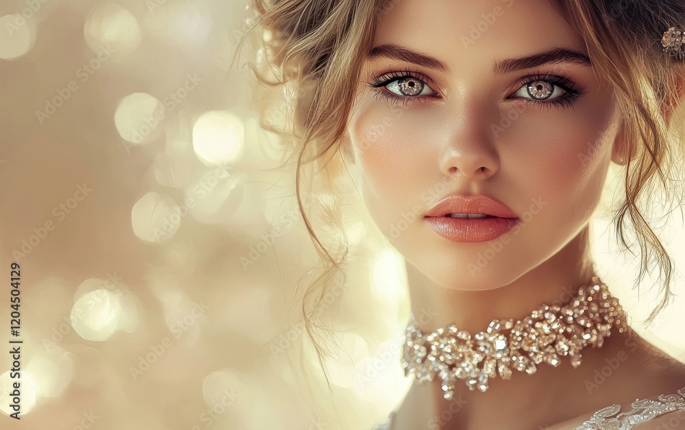 Fototapeta premium An elegant portrait of a woman wearing a diamond-studded choker, her eyes shining under soft light, with a creamy beige background blur for valentines day