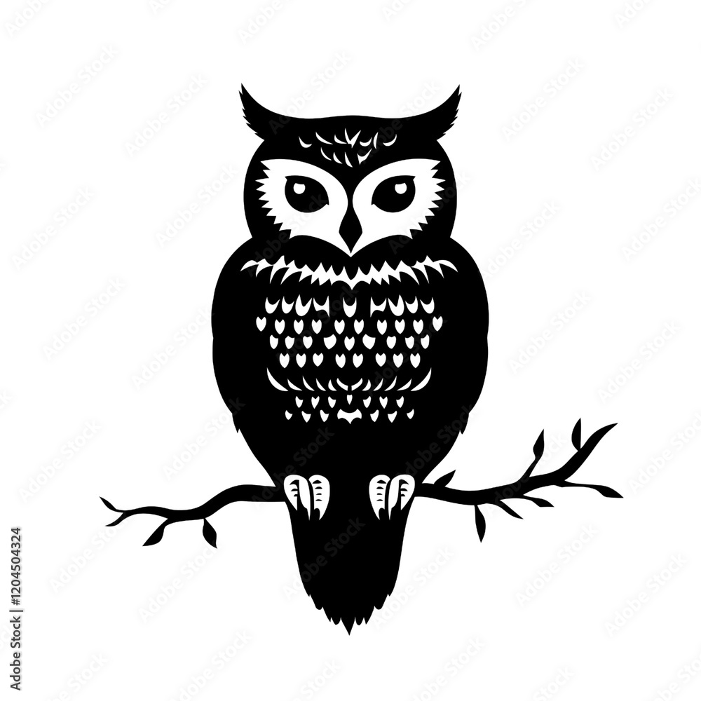 Cute Cartoon Owl Illustration Isolated on Tree Branch Monochrome Design isolated Cute Cartoon Owl Illustration Isolated on Tree Branch Monochrome Design isolated