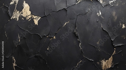 Cracked black surface revealing a gold underlayer, creating a textured and distressed background photo