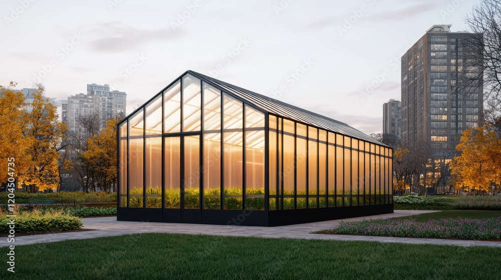Obraz premium A modern greenhouse with glass walls, surrounded by a park, showcasing vibrant greenery against a city skyline at sunset.