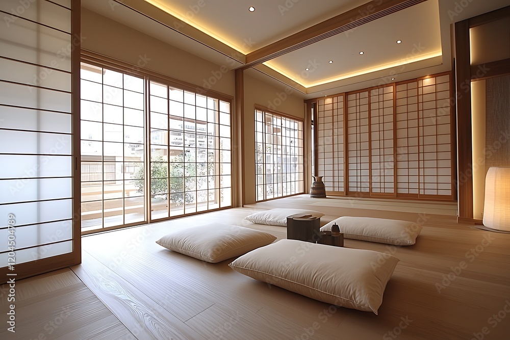 Interior view of a modern house, featuring a spacious layout with stylish sliding doors that define each room while keeping the space open and airy. Interior view of a modern house, featuring a spacious layout with stylish sliding doors that define each room while keeping the space open and airy.