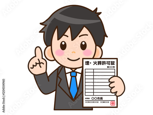 埋葬許可証・火葬許可証の説明をする男の子のイラスト素材