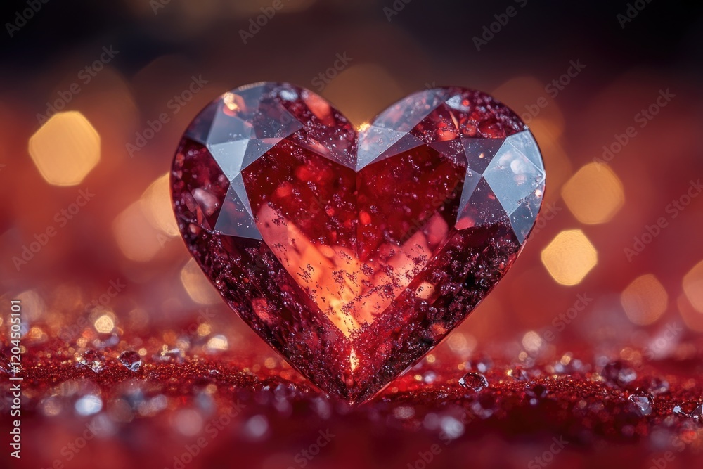 A red heart-shaped diamond sits on a red surface A red heart-shaped diamond sits on a red surface
