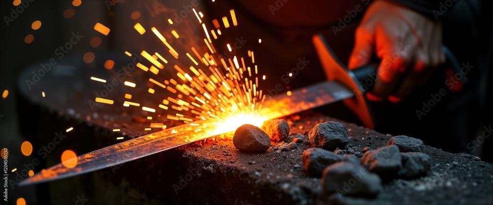 Blacksmith expertly forges sword in traditional workshop. Glowing hot metal emits intense sparks. Craftsman uses hammer on anvil. Heat, skill create weapon. Traditional metalworking process in Blacksmith expertly forges sword in traditional workshop. Glowing hot metal emits intense sparks. Craftsman uses hammer on anvil. Heat, skill create weapon. Traditional metalworking process in